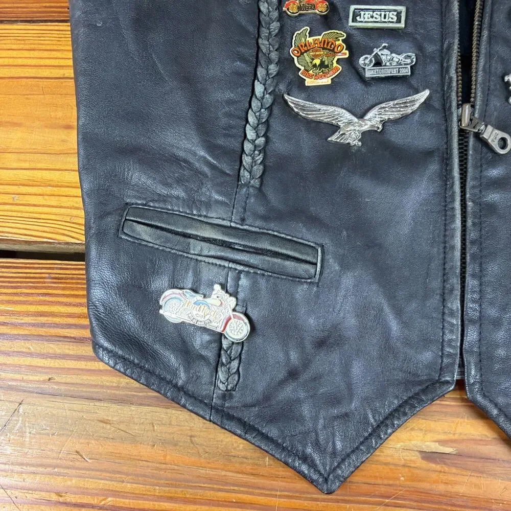 VTG 90's Black Leather Vest Harley HOG Pins & Patches Women Sz. 12